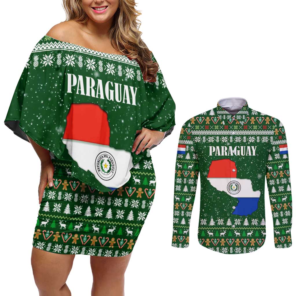 Paraguay Christmas Couples Matching Off Shoulder Short Dress and Long Sleeve Button Shirt with Green Festive Pattern, Map and Flag Motif, and Santa Illustration - Wonder Print Shop