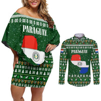 Paraguay Christmas Couples Matching Off Shoulder Short Dress and Long Sleeve Button Shirt with Green Festive Pattern, Map and Flag Motif, and Santa Illustration - Wonder Print Shop