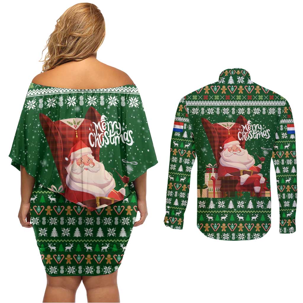 Paraguay Christmas Couples Matching Off Shoulder Short Dress and Long Sleeve Button Shirt with Green Festive Pattern, Map and Flag Motif, and Santa Illustration - Wonder Print Shop