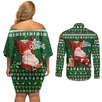 Paraguay Christmas Couples Matching Off Shoulder Short Dress and Long Sleeve Button Shirt with Green Festive Pattern, Map and Flag Motif, and Santa Illustration - Wonder Print Shop
