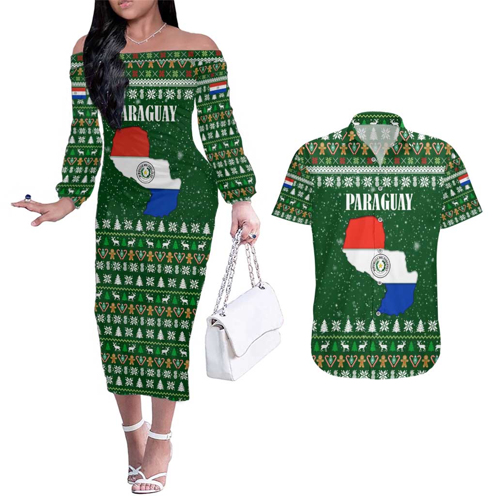 Paraguay Christmas Couples Matching Off The Shoulder Long Sleeve Dress and Hawaiian Shirt with Green Festive Pattern, Map and Flag Motif, and Santa Illustration - Wonder Print Shop