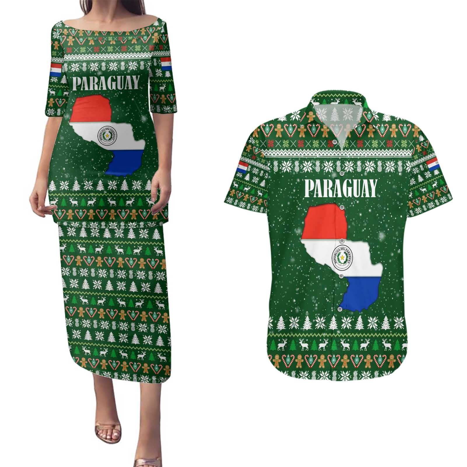 Paraguay Christmas Couples Matching Puletasi and Hawaiian Shirt with Green Festive Pattern, Map and Flag Motif, and Santa Illustration - Wonder Print Shop