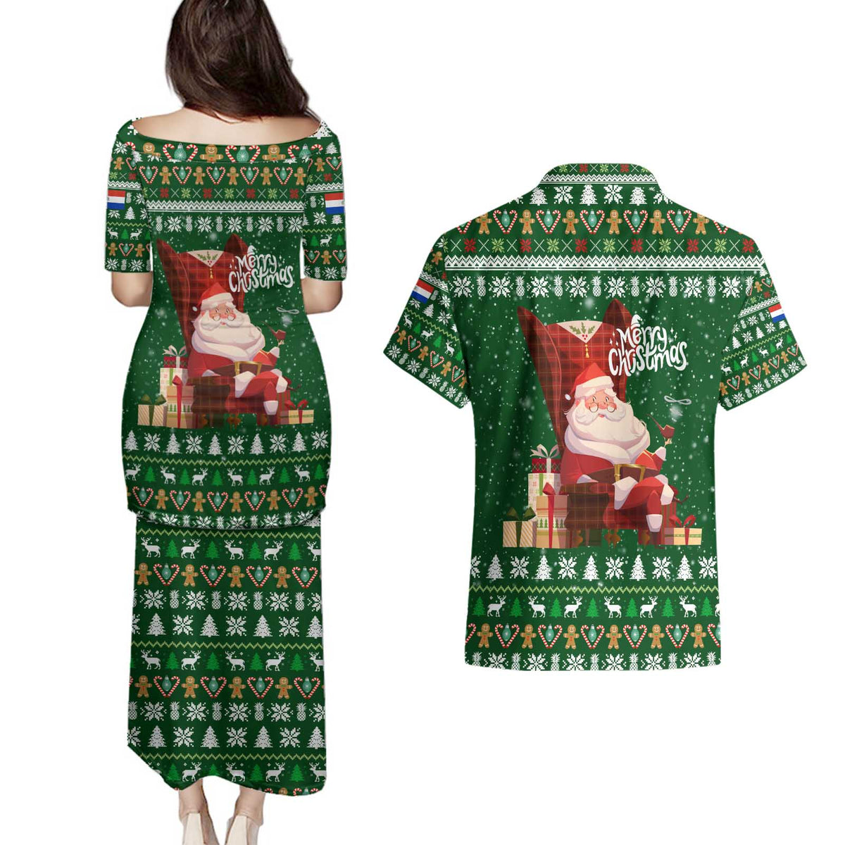 Paraguay Christmas Couples Matching Puletasi and Hawaiian Shirt with Green Festive Pattern, Map and Flag Motif, and Santa Illustration - Wonder Print Shop