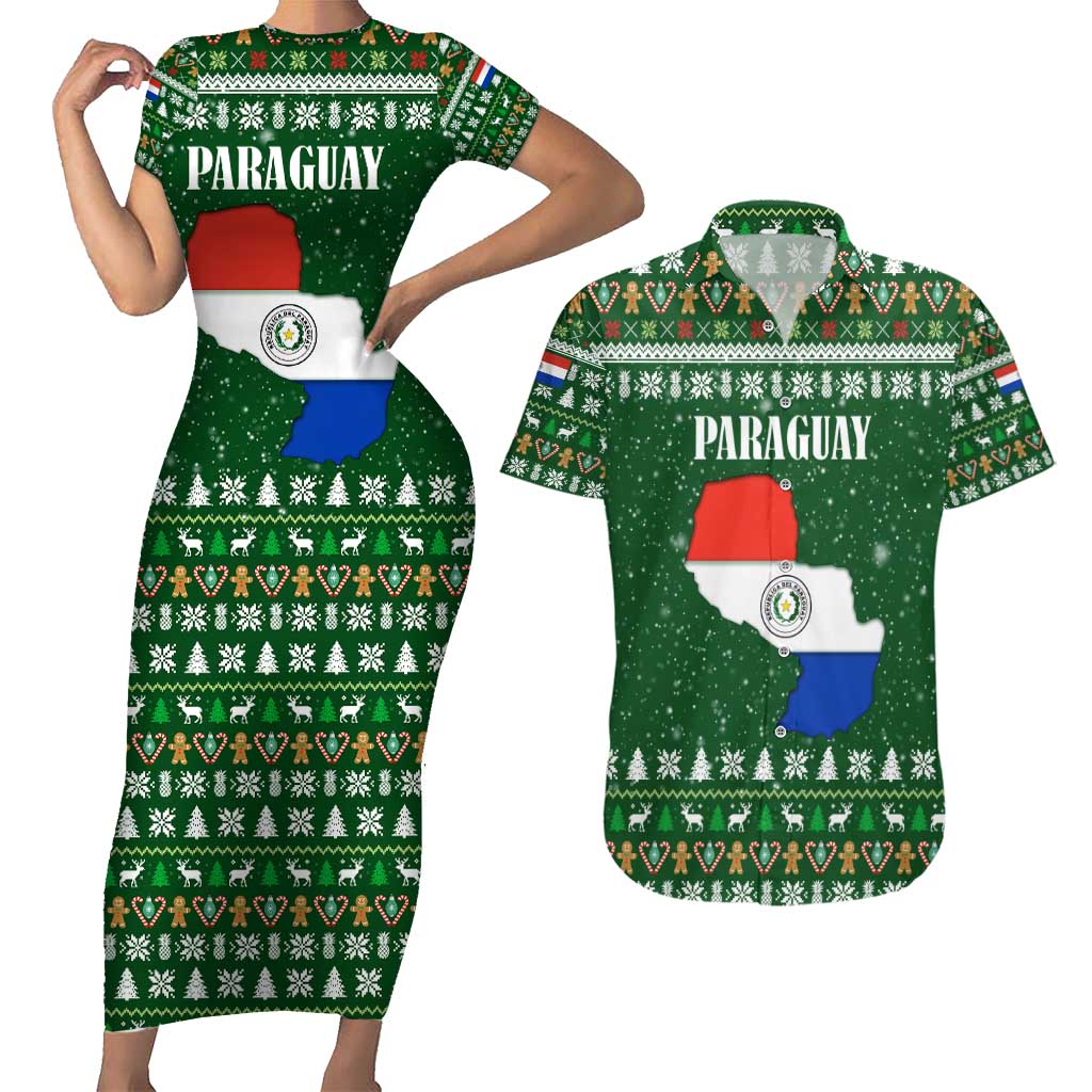Paraguay Christmas Couples Matching Short Sleeve Bodycon Dress and Hawaiian Shirt with Green Festive Pattern, Map and Flag Motif, and Santa Illustration - Wonder Print Shop