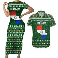 Paraguay Christmas Couples Matching Short Sleeve Bodycon Dress and Hawaiian Shirt with Green Festive Pattern, Map and Flag Motif, and Santa Illustration - Wonder Print Shop