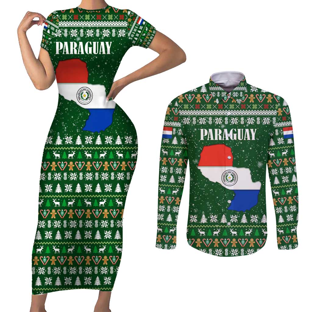 Paraguay Christmas Couples Matching Short Sleeve Bodycon Dress and Long Sleeve Button Shirt with Green Festive Pattern, Map and Flag Motif, and Santa Illustration - Wonder Print Shop