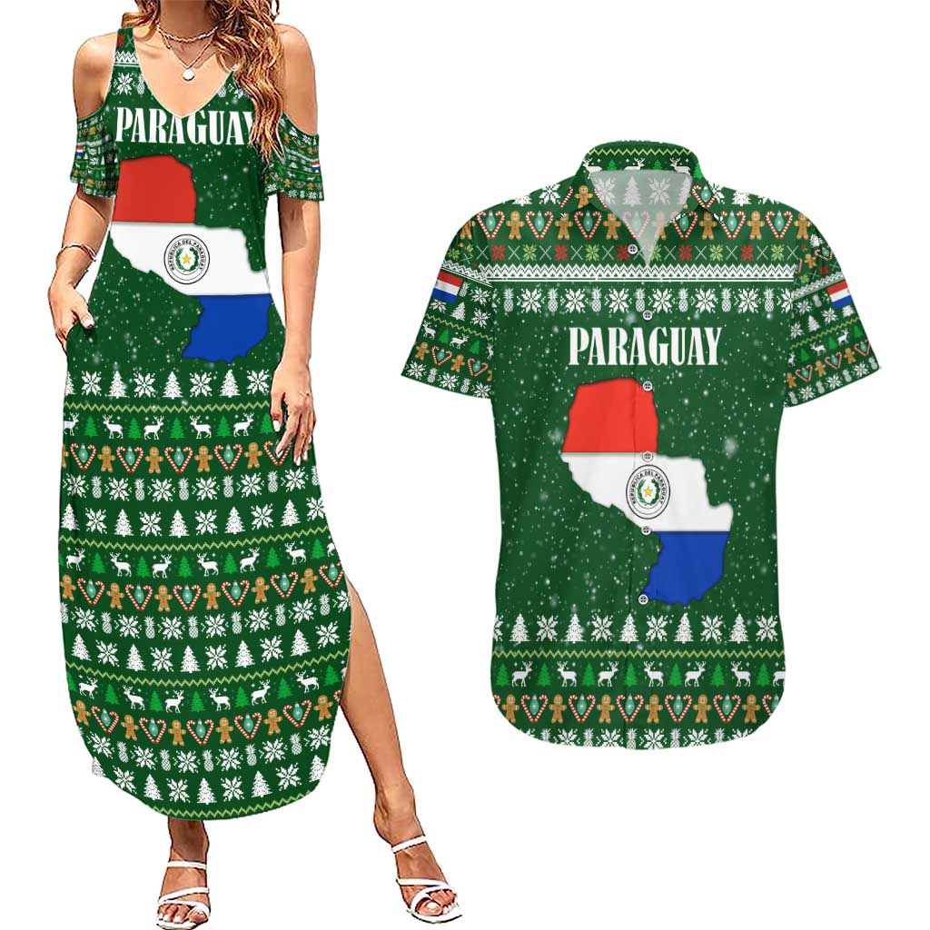 Paraguay Christmas Couples Matching Summer Maxi Dress and Hawaiian Shirt with Green Festive Pattern, Map and Flag Motif, and Santa Illustration - Wonder Print Shop