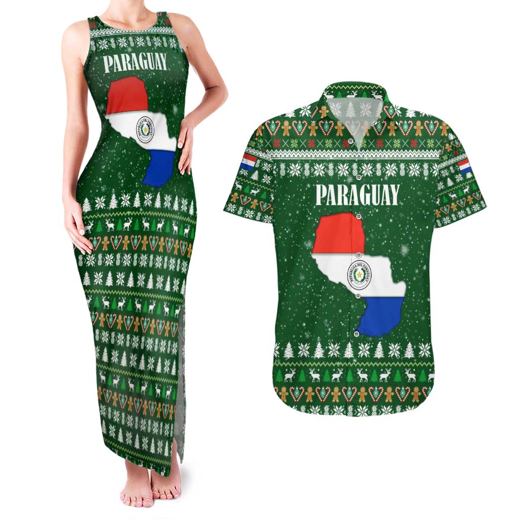 Paraguay Christmas Couples Matching Tank Maxi Dress and Hawaiian Shirt with Green Festive Pattern, Map and Flag Motif, and Santa Illustration - Wonder Print Shop