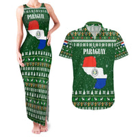 Paraguay Christmas Couples Matching Tank Maxi Dress and Hawaiian Shirt with Green Festive Pattern, Map and Flag Motif, and Santa Illustration - Wonder Print Shop