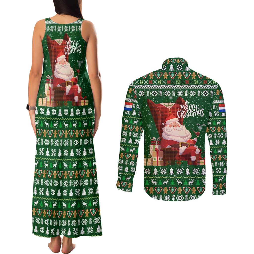 Paraguay Christmas Couples Matching Tank Maxi Dress and Long Sleeve Button Shirt with Green Festive Pattern, Map and Flag Motif, and Santa Illustration - Wonder Print Shop
