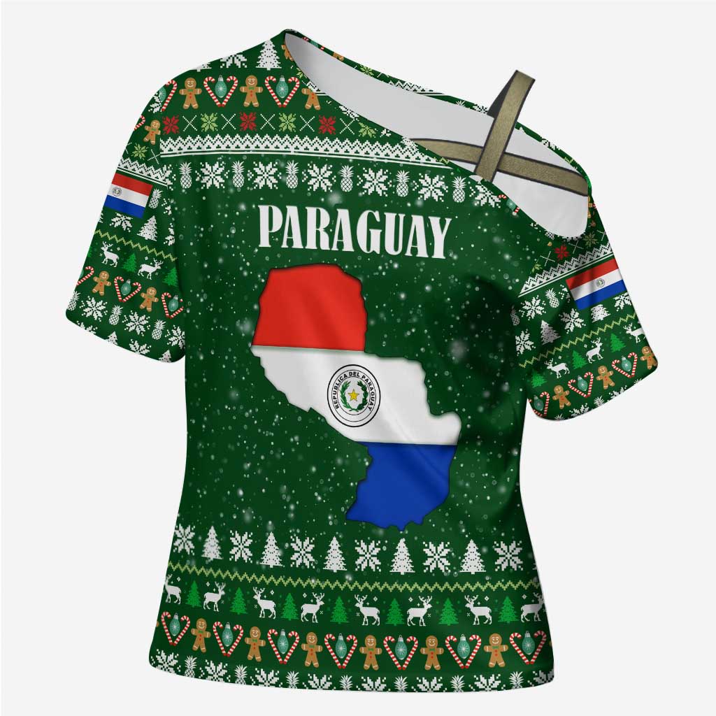 Paraguay Christmas Cross Shoulder Shirt with Green Festive Pattern, Map and Flag Motif, and Santa Illustration - Wonder Print Shop
