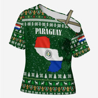 Paraguay Christmas Cross Shoulder Shirt with Green Festive Pattern, Map and Flag Motif, and Santa Illustration - Wonder Print Shop