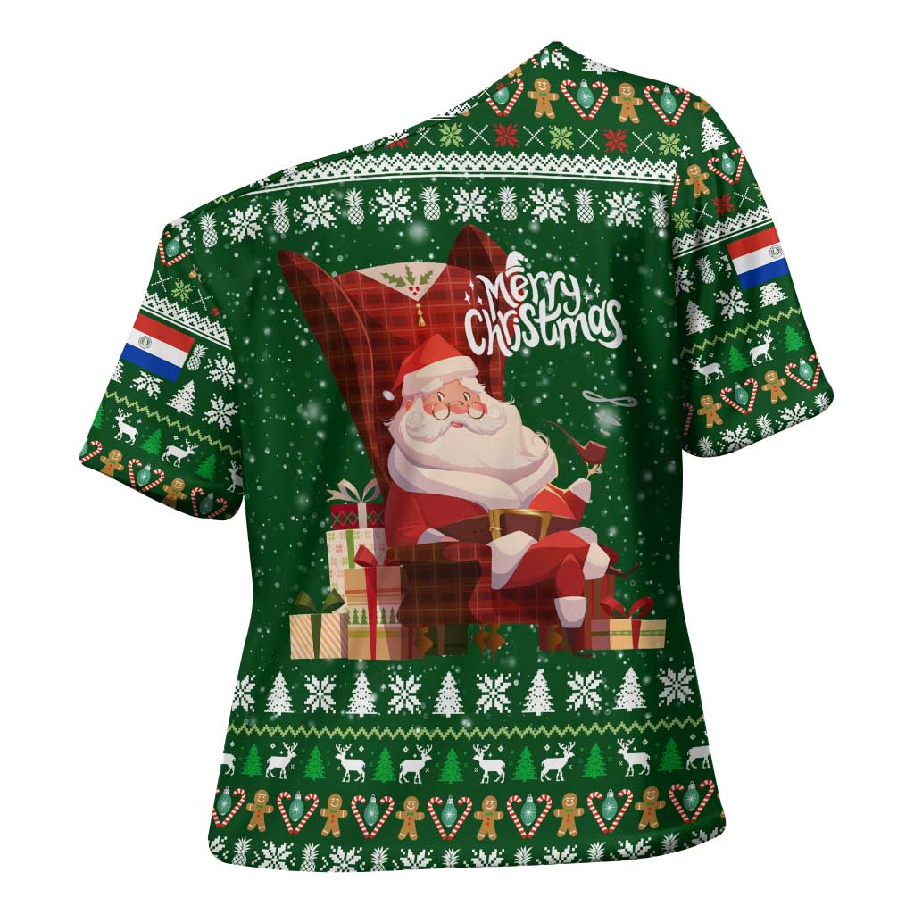 Paraguay Christmas Cross Shoulder Shirt with Green Festive Pattern, Map and Flag Motif, and Santa Illustration - Wonder Print Shop