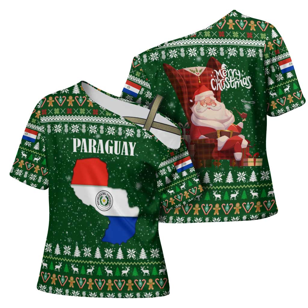 Paraguay Christmas Cross Shoulder Shirt with Green Festive Pattern, Map and Flag Motif, and Santa Illustration - Wonder Print Shop