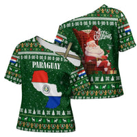 Paraguay Christmas Cross Shoulder Shirt with Green Festive Pattern, Map and Flag Motif, and Santa Illustration - Wonder Print Shop