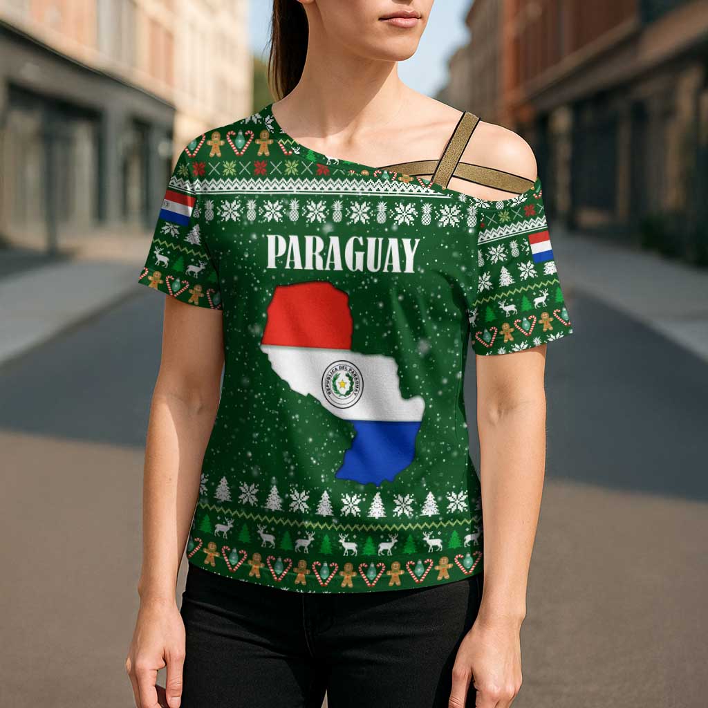 Paraguay Christmas Cross Shoulder Shirt with Green Festive Pattern, Map and Flag Motif, and Santa Illustration - Wonder Print Shop