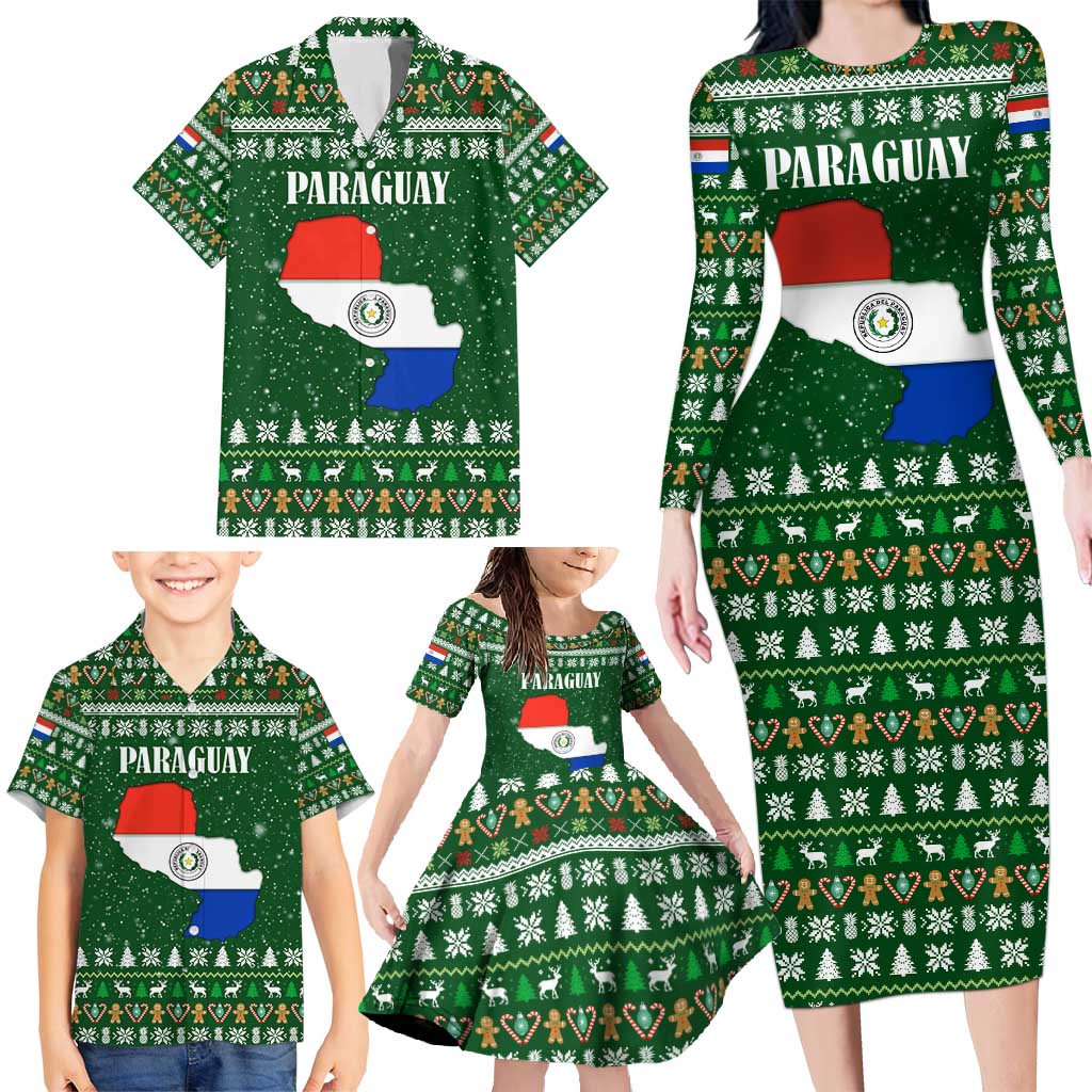 Paraguay Christmas Family Matching Long Sleeve Bodycon Dress and Hawaiian Shirt with Green Festive Pattern, Map and Flag Motif, and Santa Illustration - Wonder Print Shop