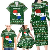 Paraguay Christmas Family Matching Long Sleeve Bodycon Dress and Hawaiian Shirt with Green Festive Pattern, Map and Flag Motif, and Santa Illustration - Wonder Print Shop