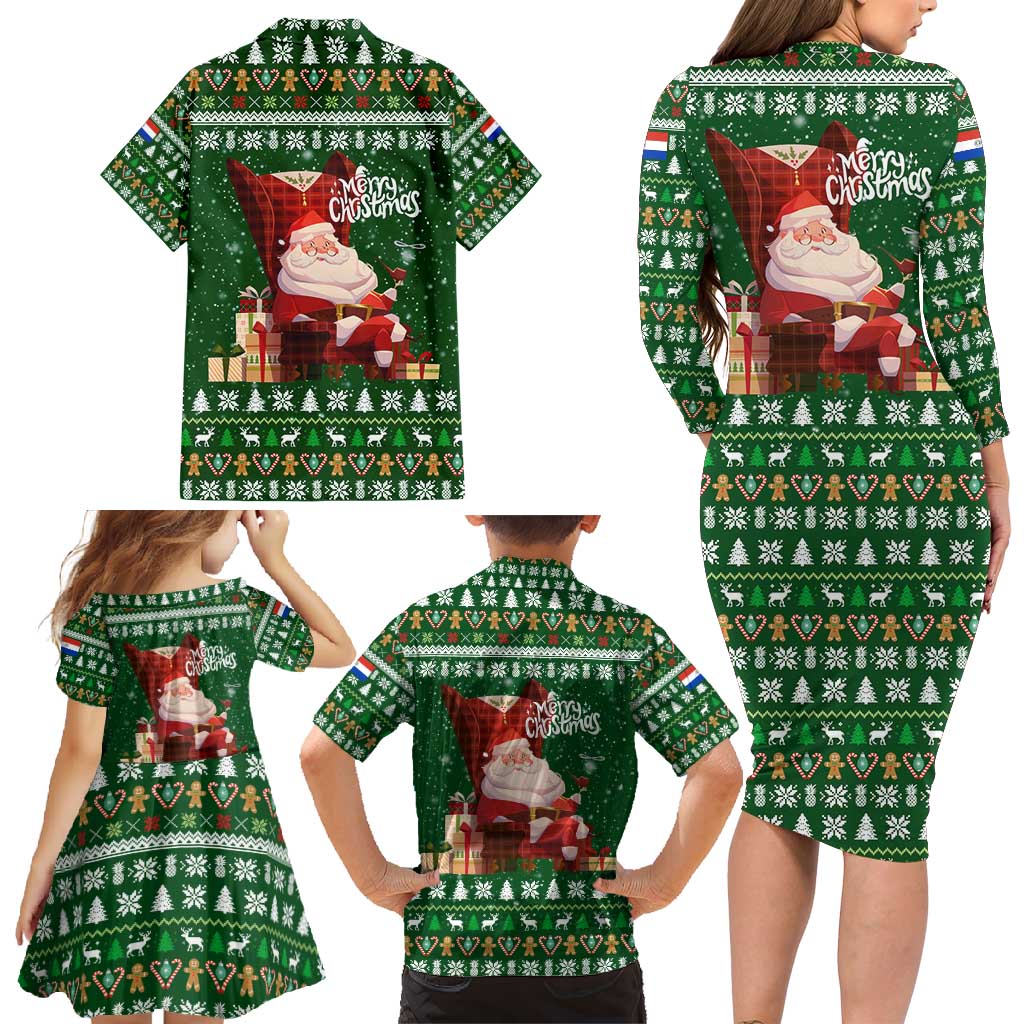 Paraguay Christmas Family Matching Long Sleeve Bodycon Dress and Hawaiian Shirt with Green Festive Pattern, Map and Flag Motif, and Santa Illustration - Wonder Print Shop
