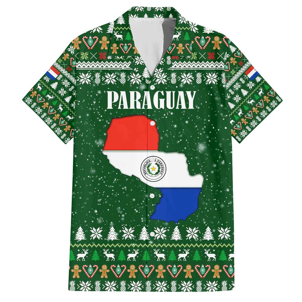 Paraguay Christmas Family Matching Long Sleeve Bodycon Dress and Hawaiian Shirt with Green Festive Pattern, Map and Flag Motif, and Santa Illustration - Wonder Print Shop