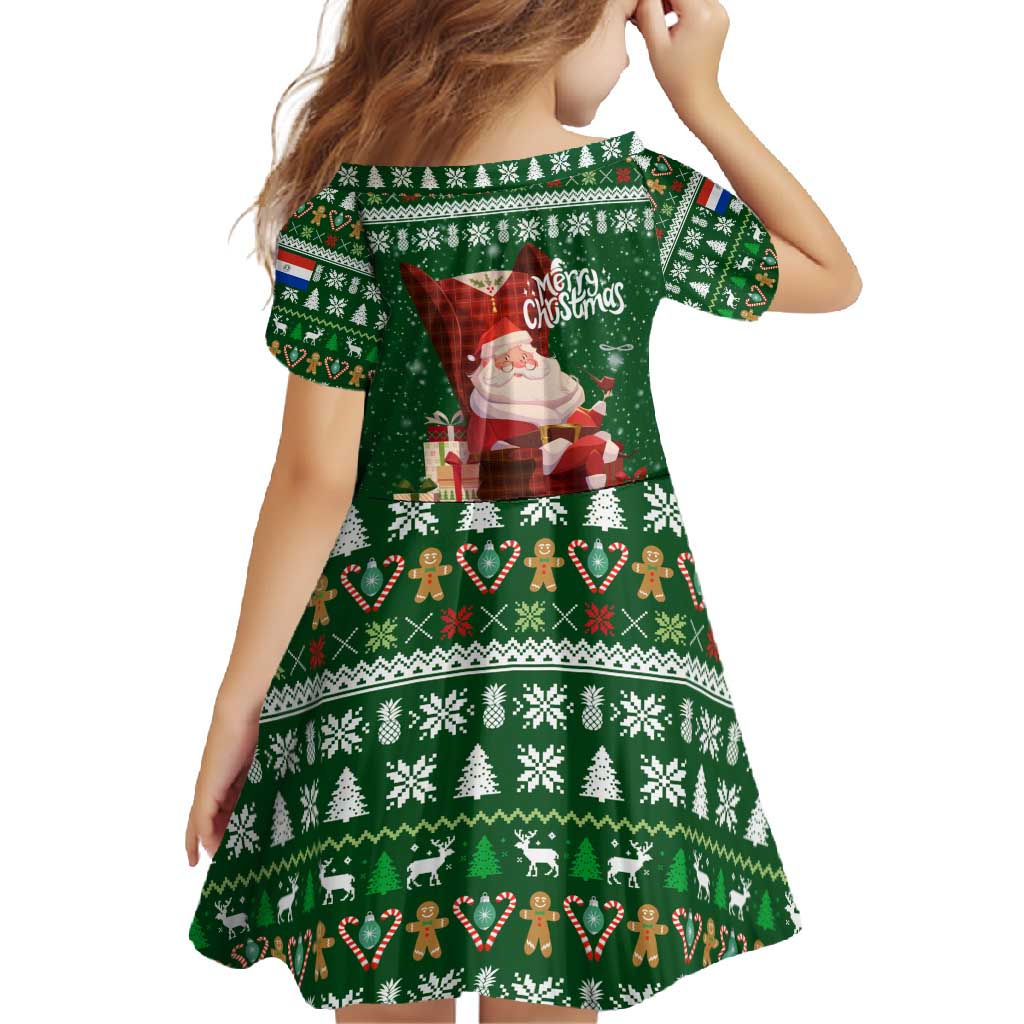 Paraguay Christmas Family Matching Mermaid Dress and Hawaiian Shirt with Green Festive Pattern, Map and Flag Motif, and Santa Illustration - Wonder Print Shop