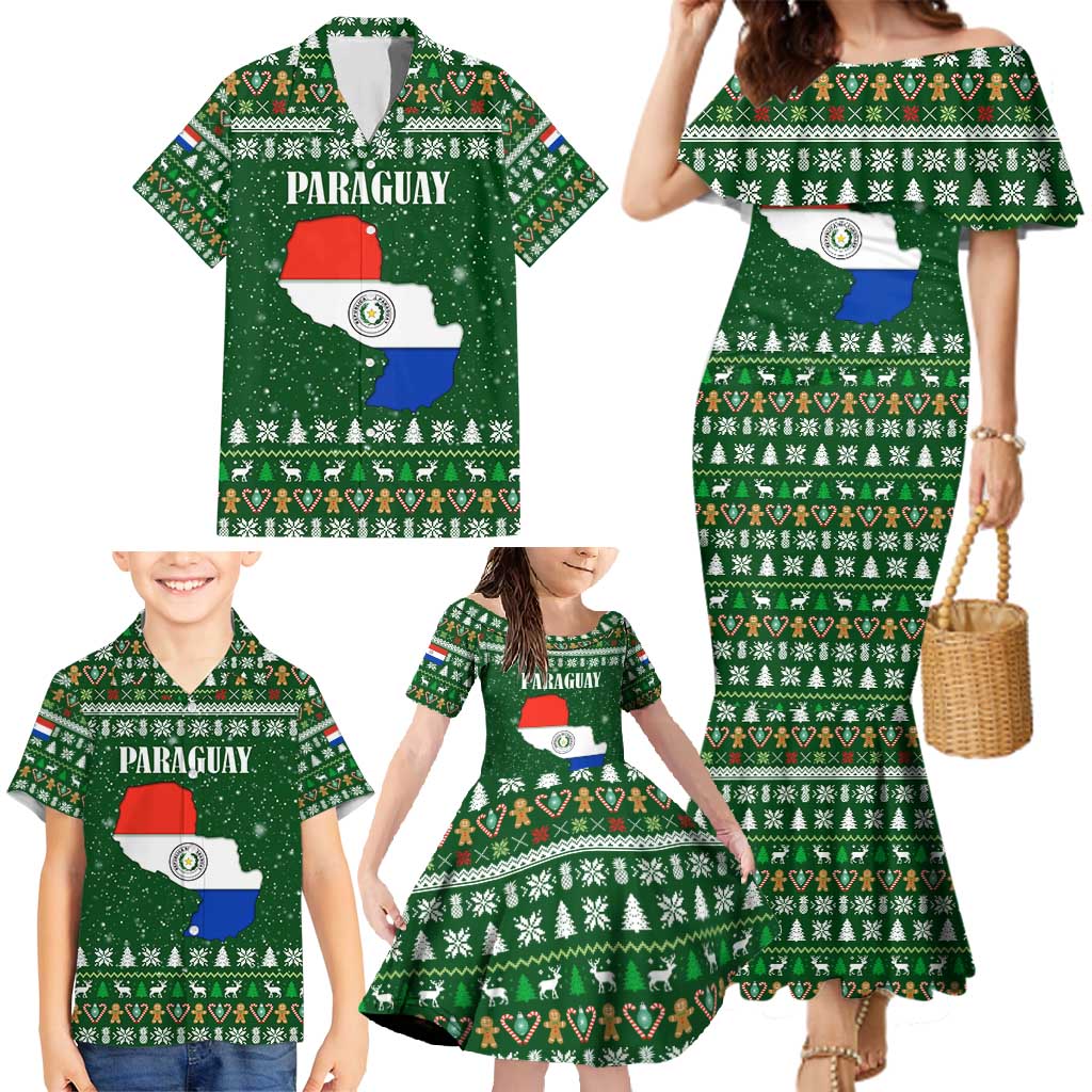 Paraguay Christmas Family Matching Mermaid Dress and Hawaiian Shirt with Green Festive Pattern, Map and Flag Motif, and Santa Illustration - Wonder Print Shop