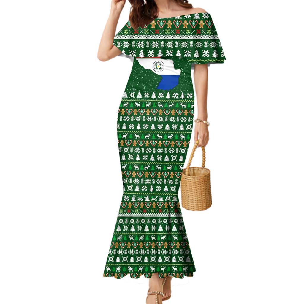 Paraguay Christmas Family Matching Mermaid Dress and Hawaiian Shirt with Green Festive Pattern, Map and Flag Motif, and Santa Illustration - Wonder Print Shop