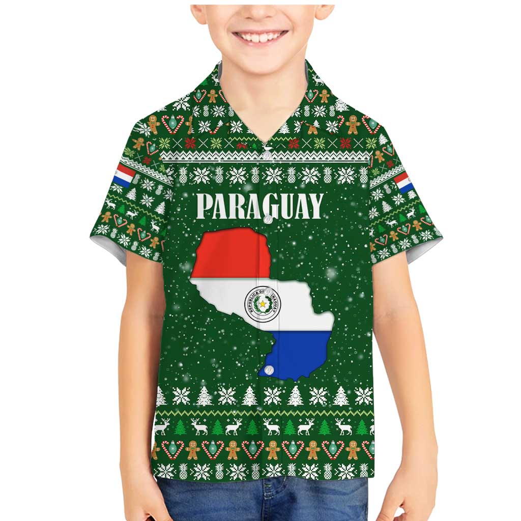 Paraguay Christmas Family Matching Mermaid Dress and Hawaiian Shirt with Green Festive Pattern, Map and Flag Motif, and Santa Illustration - Wonder Print Shop