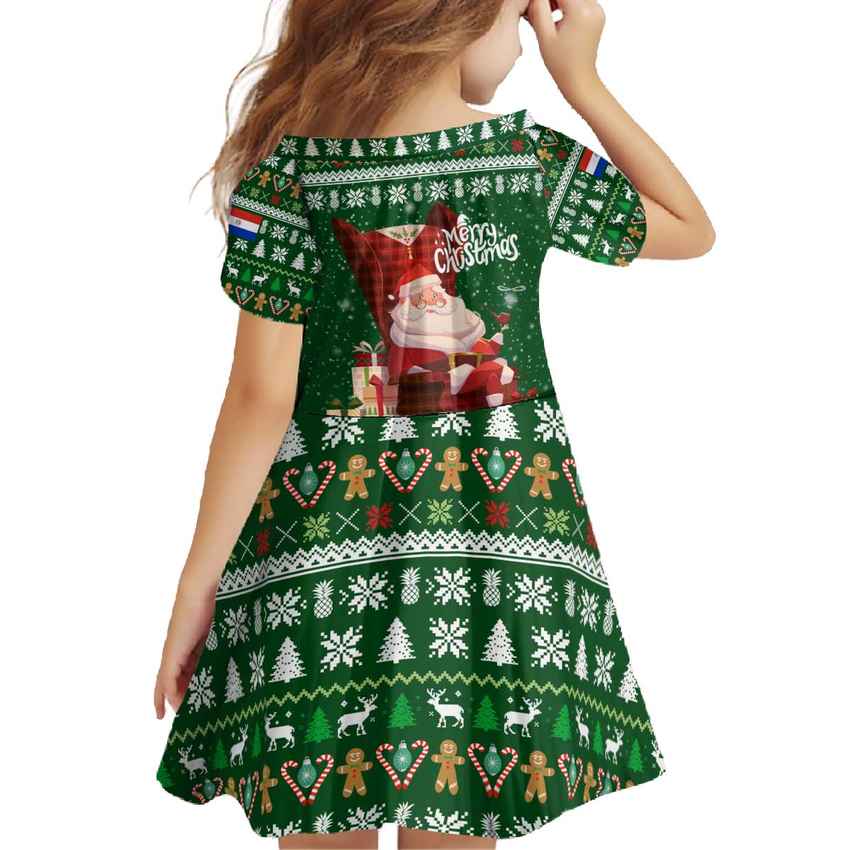Paraguay Christmas Family Matching Off The Shoulder Long Sleeve Dress and Hawaiian Shirt with Green Festive Pattern, Map and Flag Motif, and Santa Illustration - Wonder Print Shop