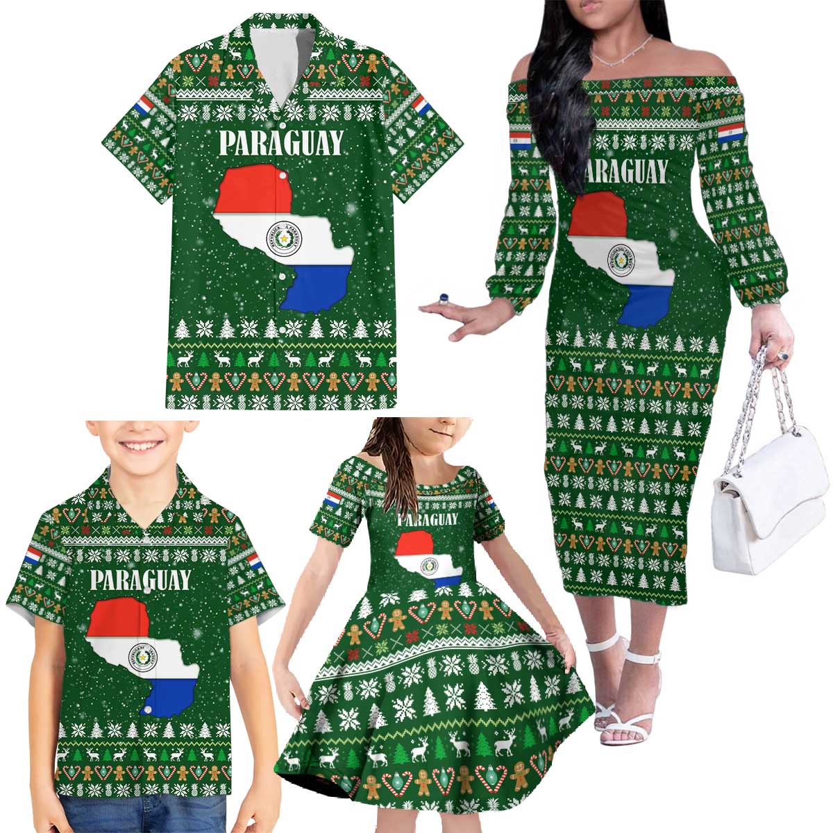 Paraguay Christmas Family Matching Off The Shoulder Long Sleeve Dress and Hawaiian Shirt with Green Festive Pattern, Map and Flag Motif, and Santa Illustration - Wonder Print Shop