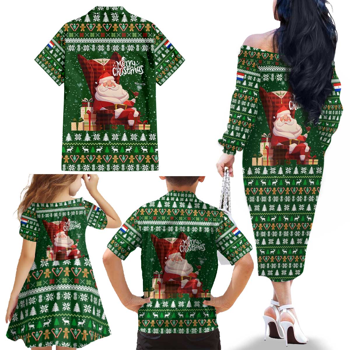 Paraguay Christmas Family Matching Off The Shoulder Long Sleeve Dress and Hawaiian Shirt with Green Festive Pattern, Map and Flag Motif, and Santa Illustration - Wonder Print Shop