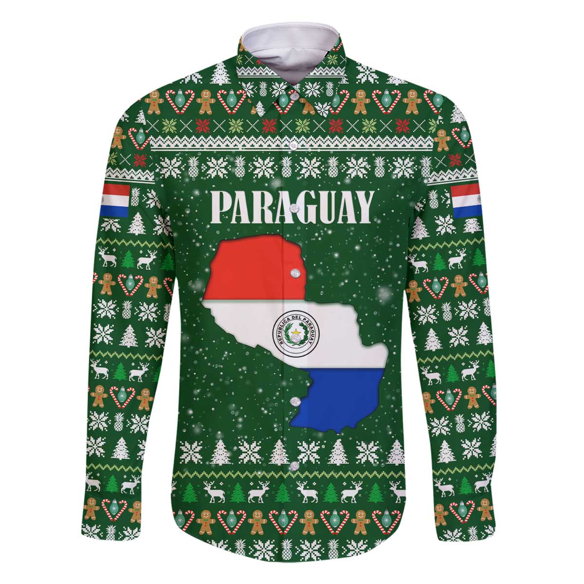 Paraguay Christmas Family Matching Off The Shoulder Long Sleeve Dress and Hawaiian Shirt with Green Festive Pattern, Map and Flag Motif, and Santa Illustration - Wonder Print Shop