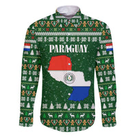 Paraguay Christmas Family Matching Off The Shoulder Long Sleeve Dress and Hawaiian Shirt with Green Festive Pattern, Map and Flag Motif, and Santa Illustration - Wonder Print Shop