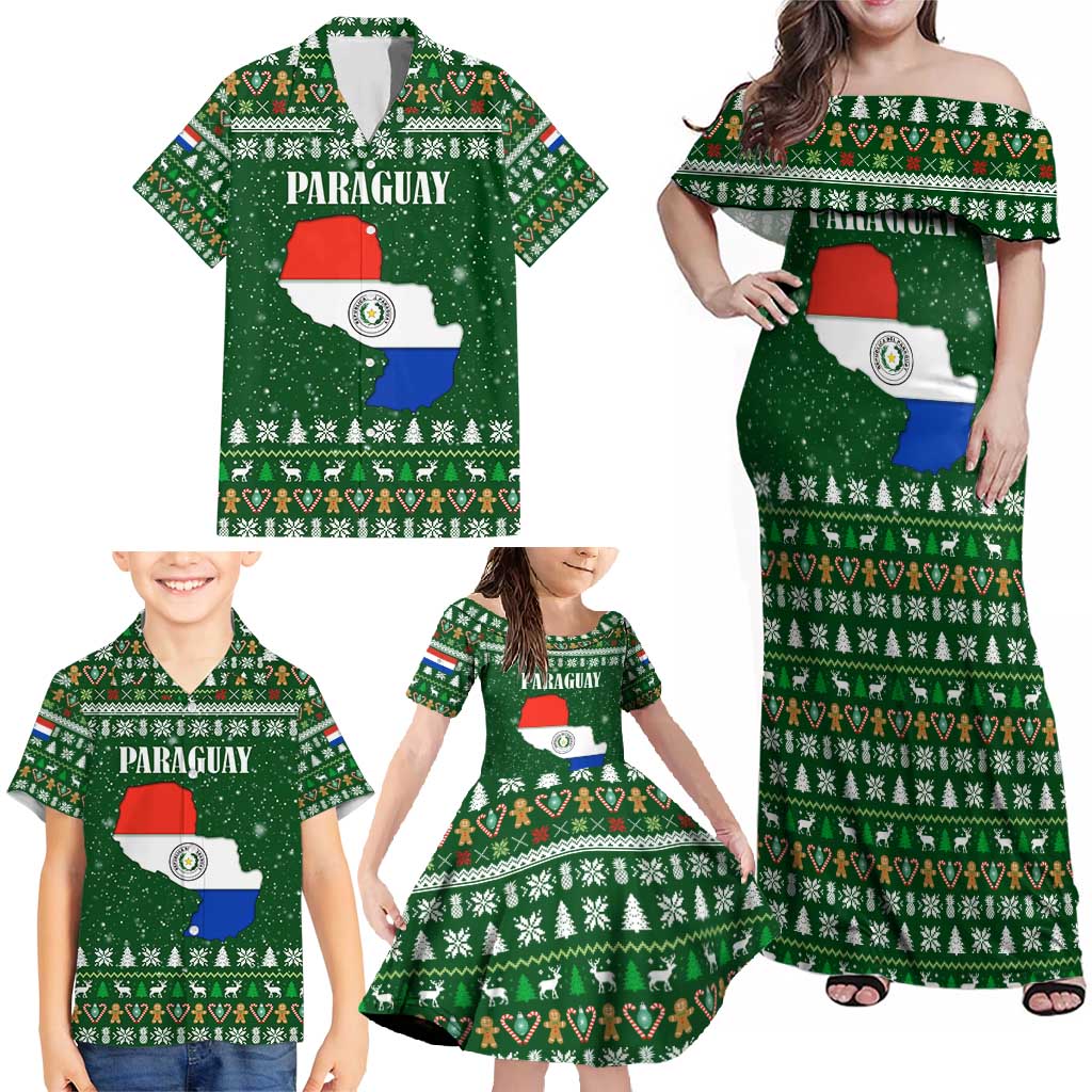 Paraguay Christmas Family Matching Off Shoulder Maxi Dress and Hawaiian Shirt with Green Festive Pattern, Map and Flag Motif, and Santa Illustration - Wonder Print Shop