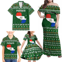 Paraguay Christmas Family Matching Off Shoulder Maxi Dress and Hawaiian Shirt with Green Festive Pattern, Map and Flag Motif, and Santa Illustration - Wonder Print Shop