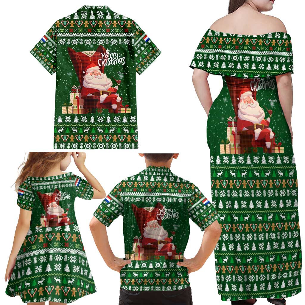 Paraguay Christmas Family Matching Off Shoulder Maxi Dress and Hawaiian Shirt with Green Festive Pattern, Map and Flag Motif, and Santa Illustration - Wonder Print Shop