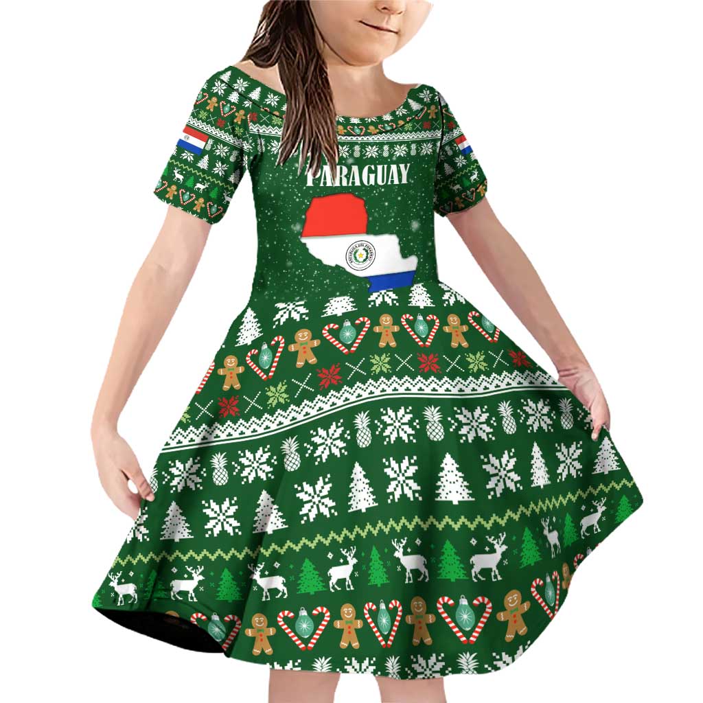 Paraguay Christmas Family Matching Off Shoulder Short Dress and Hawaiian Shirt with Green Festive Pattern, Map and Flag Motif, and Santa Illustration - Wonder Print Shop