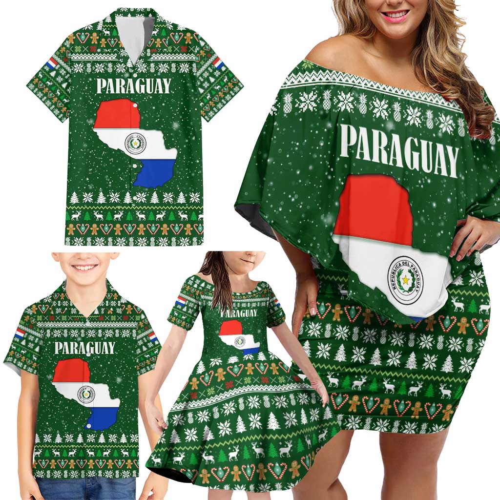 Paraguay Christmas Family Matching Off Shoulder Short Dress and Hawaiian Shirt with Green Festive Pattern, Map and Flag Motif, and Santa Illustration - Wonder Print Shop