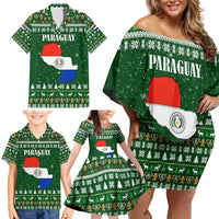 Paraguay Christmas Family Matching Off Shoulder Short Dress and Hawaiian Shirt with Green Festive Pattern, Map and Flag Motif, and Santa Illustration - Wonder Print Shop