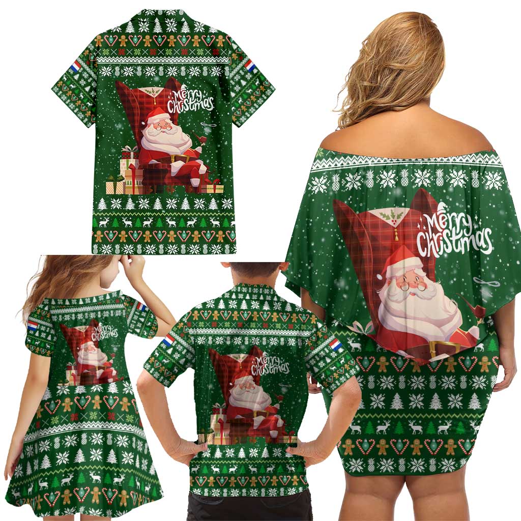 Paraguay Christmas Family Matching Off Shoulder Short Dress and Hawaiian Shirt with Green Festive Pattern, Map and Flag Motif, and Santa Illustration - Wonder Print Shop