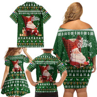 Paraguay Christmas Family Matching Off Shoulder Short Dress and Hawaiian Shirt with Green Festive Pattern, Map and Flag Motif, and Santa Illustration - Wonder Print Shop