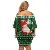 Paraguay Christmas Family Matching Off Shoulder Short Dress and Hawaiian Shirt with Green Festive Pattern, Map and Flag Motif, and Santa Illustration - Wonder Print Shop