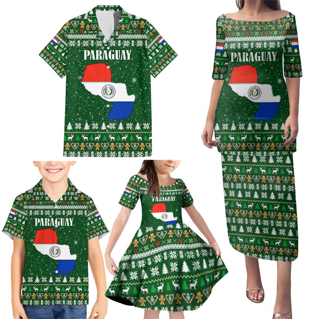 Paraguay Christmas Family Matching Puletasi and Hawaiian Shirt with Green Festive Pattern, Map and Flag Motif, and Santa Illustration - Wonder Print Shop