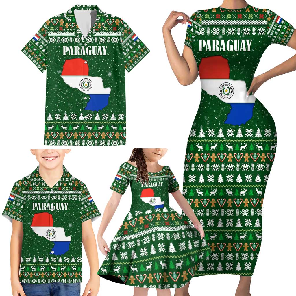 Paraguay Christmas Family Matching Short Sleeve Bodycon Dress and Hawaiian Shirt with Green Festive Pattern, Map and Flag Motif, and Santa Illustration - Wonder Print Shop