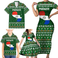 Paraguay Christmas Family Matching Short Sleeve Bodycon Dress and Hawaiian Shirt with Green Festive Pattern, Map and Flag Motif, and Santa Illustration - Wonder Print Shop