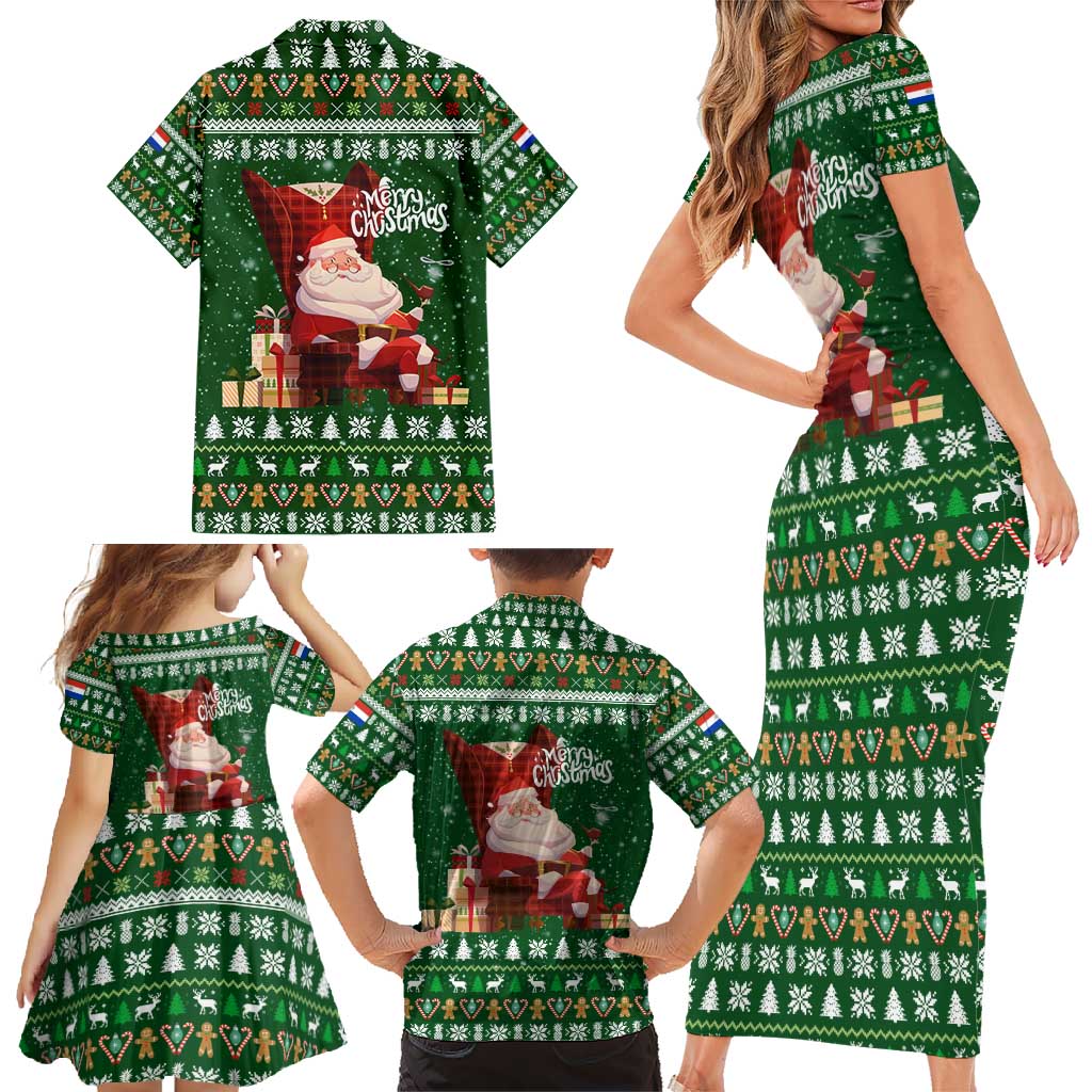 Paraguay Christmas Family Matching Short Sleeve Bodycon Dress and Hawaiian Shirt with Green Festive Pattern, Map and Flag Motif, and Santa Illustration - Wonder Print Shop