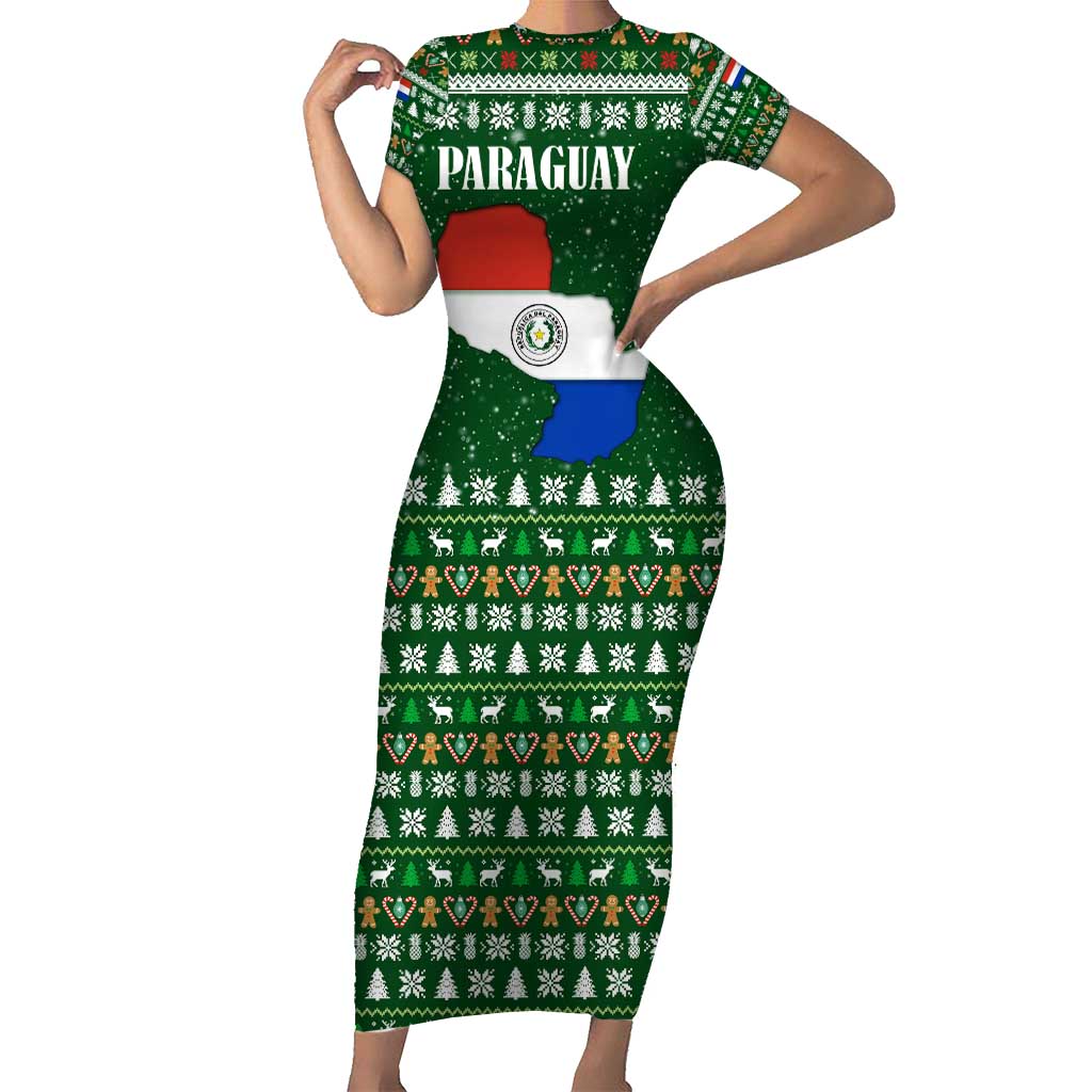 Paraguay Christmas Family Matching Short Sleeve Bodycon Dress and Hawaiian Shirt with Green Festive Pattern, Map and Flag Motif, and Santa Illustration - Wonder Print Shop
