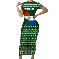 Paraguay Christmas Family Matching Short Sleeve Bodycon Dress and Hawaiian Shirt with Green Festive Pattern, Map and Flag Motif, and Santa Illustration - Wonder Print Shop