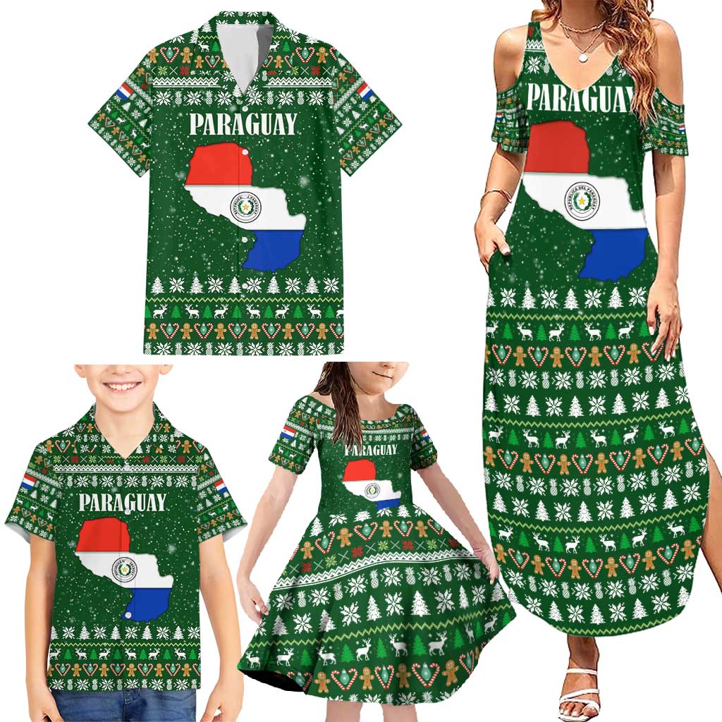 Paraguay Christmas Family Matching Summer Maxi Dress and Hawaiian Shirt with Green Festive Pattern, Map and Flag Motif, and Santa Illustration - Wonder Print Shop