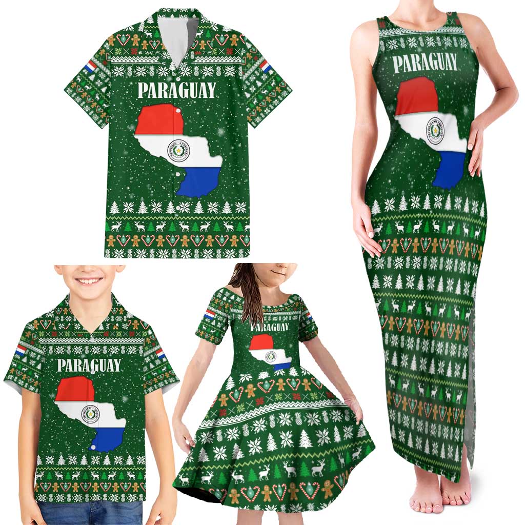 Paraguay Christmas Family Matching Tank Maxi Dress and Hawaiian Shirt with Green Festive Pattern, Map and Flag Motif, and Santa Illustration - Wonder Print Shop